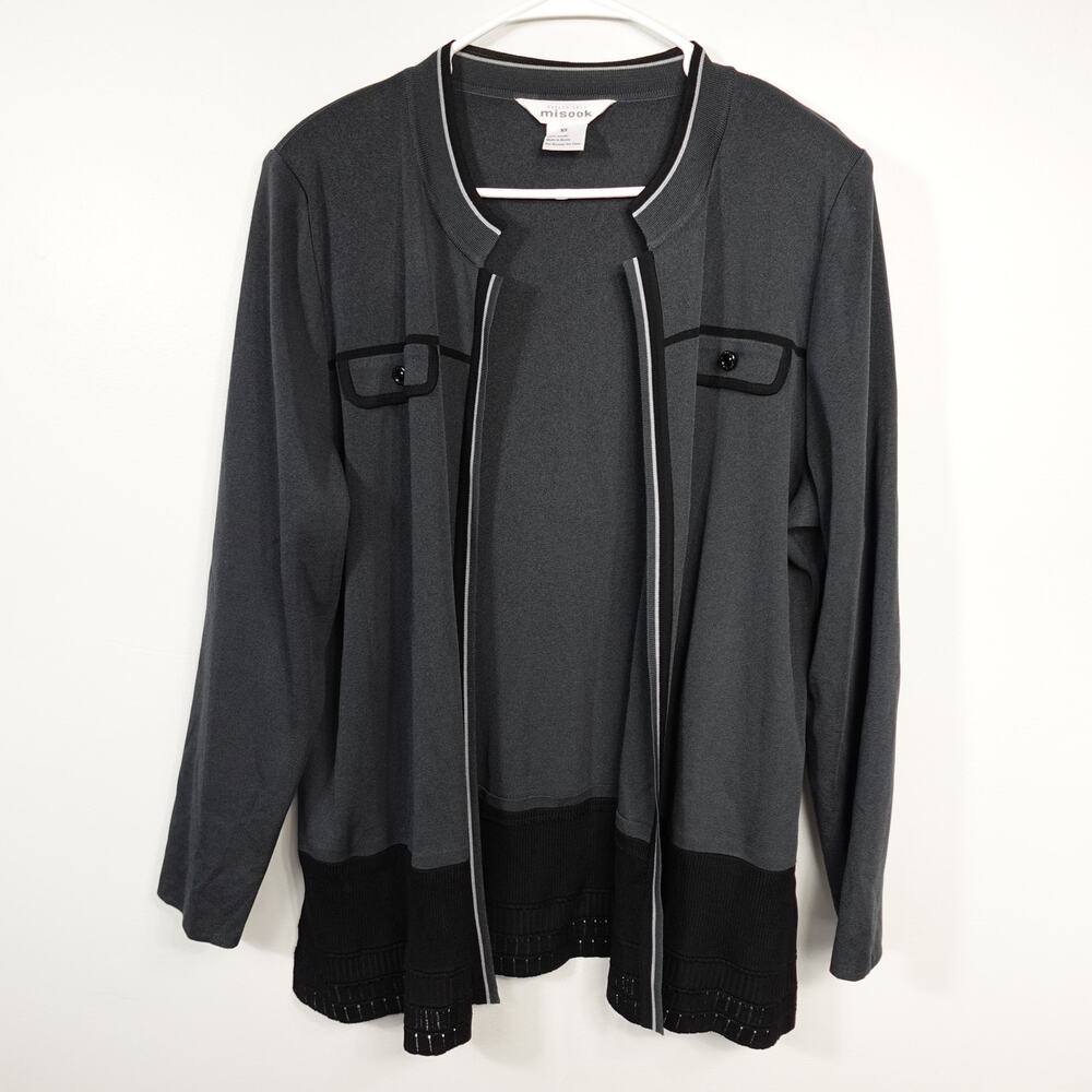 Exclusively Misook Grey Cardigan Open Front Black White Trim Shoulder Pads